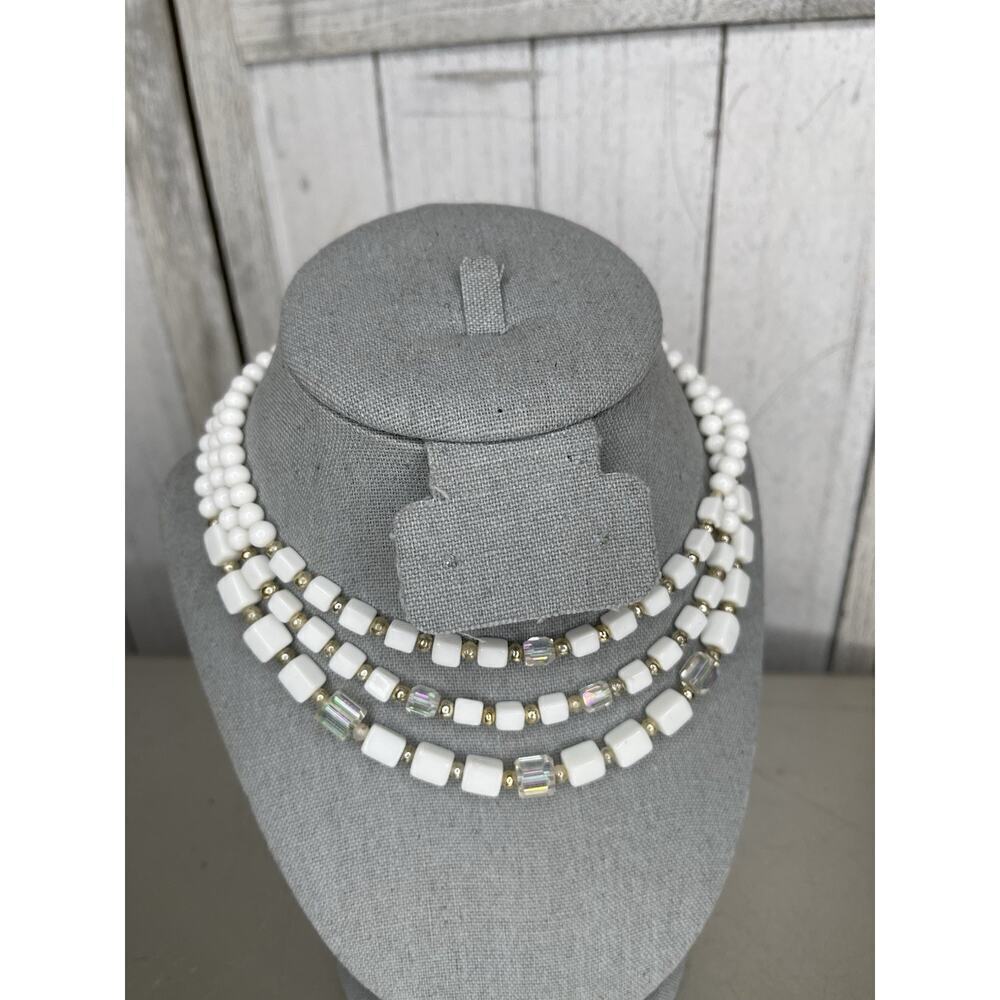 Vintage Three Strand Clear Opalescent & White Glass Necklace Glam Regal